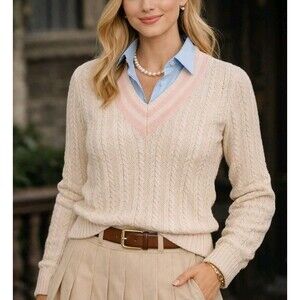 Cable knit Silk Tennis Sweater Ralph Lauren M Cream Pink Stripe Preppy Luxury